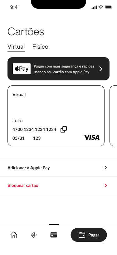 Tela de cartões do app, com o cartão de débito virtual do casal
