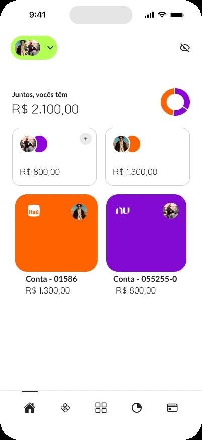 Tela do app Noh com o saldo somado do casal e as contas do Itaú e Nubank conectadas