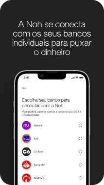 Print do app da Noh mostrando a tela de conexão com os bancos do casal, via Open Finance.